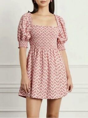 Hill House Pink Floral Smocked Mini Dress with Puff Sleeves
